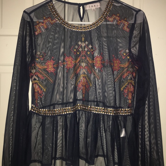 Navy blue Aztec transport 3/4 sleeve house THML size small nylon boho - Picture 1 of 7